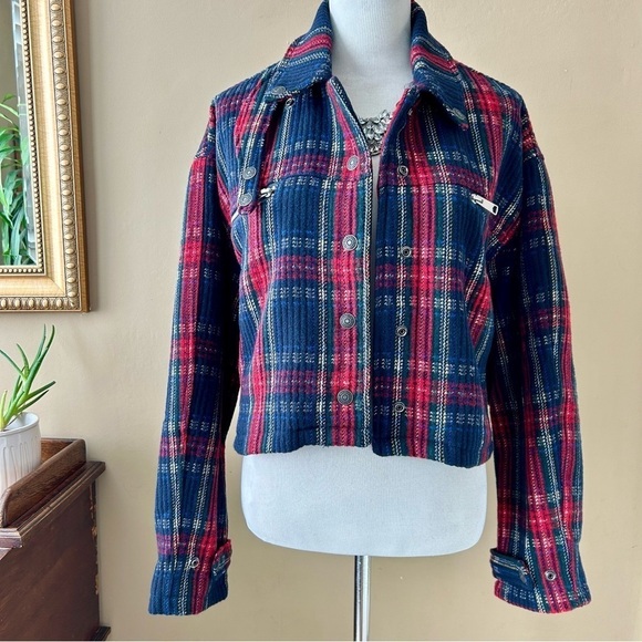 We The Free Free People FP Swing Flight Jacket Red Navy Tartan Plaid Size L - Picture 4 of 16